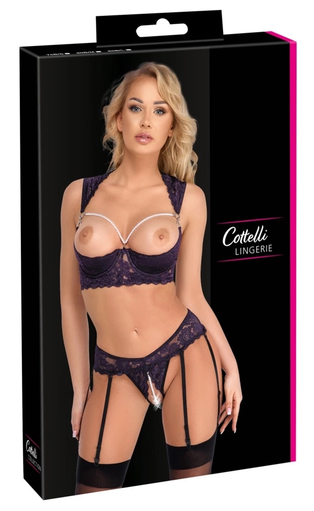 Cottelli LINGERIE komplet koronkowy fioletowy z perłami 80B/M, odpinany naszyjnik