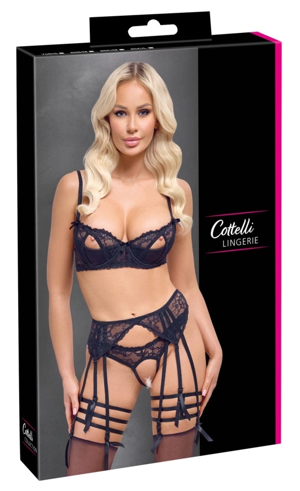 Cottelli Lingerie komplet czarny koronkowy z pasem do pończoch i podwiązkami 80B/M