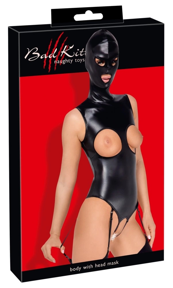 Bad Kitty Body bez biustu z maską, imitacja skory M czarne z regulacją