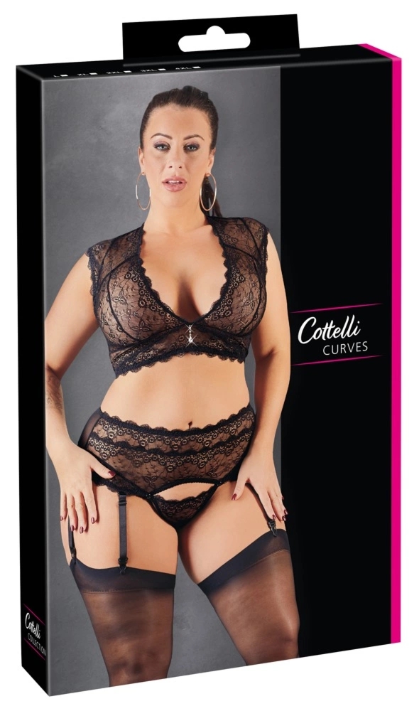Cottelli Curves komplet koronkowy z pasem do pończoch i stringami L, ozdobne dżety