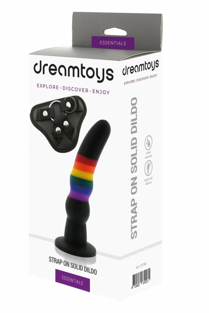 ESSENTIALS Strap On Solid Dildo zestaw silikonowy tęczowy z regulowaną uprzężą i metalowym pierścieniem