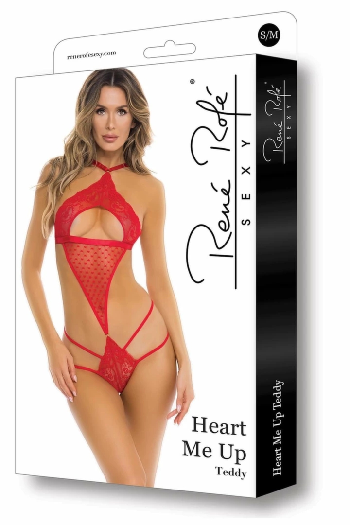 HEART ME UP TEDDY RED S/M body koronkowe z motywem serca, czerwone, regulowane ramiączka