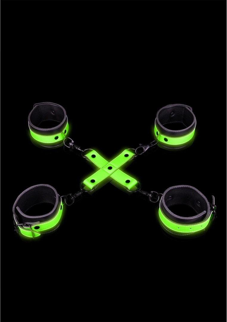 Ouch! Glow in the Dark – zestaw mankietów na ręce i kostki, fluorescencyjny, system hogtie