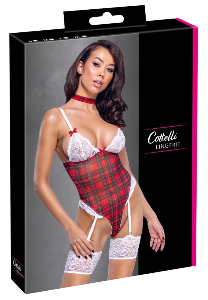 Cottelli LINGERIE Body Plaid z koronką i odpinanymi szelkami L, choker, wzór w kratę