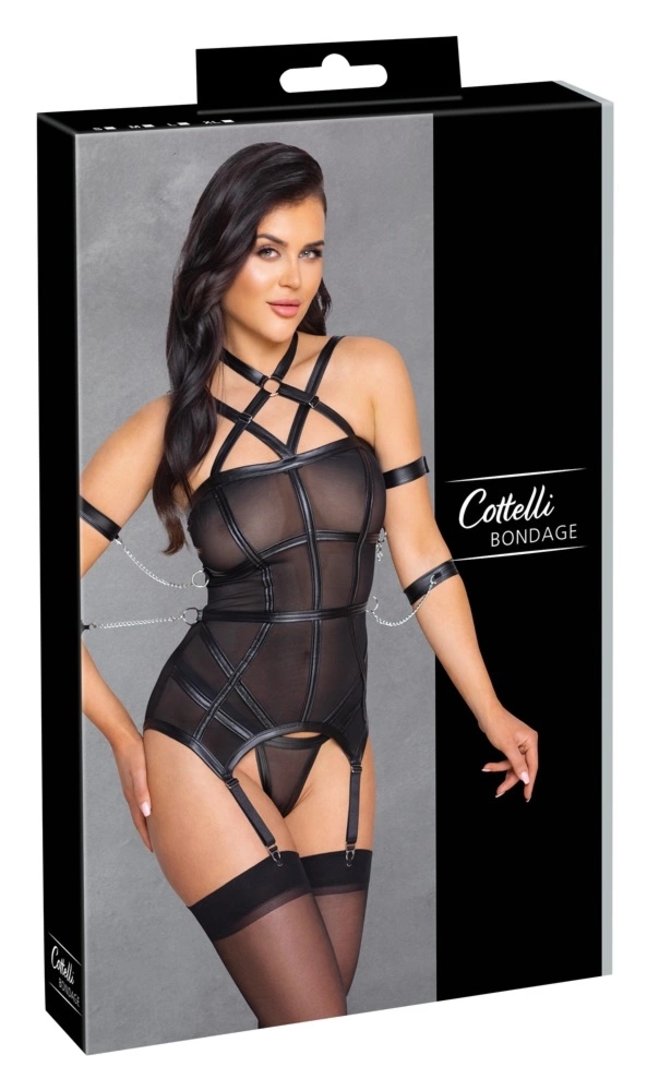 Cottelli Bondage Koszulka Siateczkowa z Łańcuchami i Stringami XL Czarna, system pasków