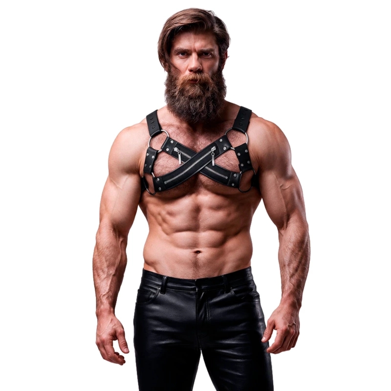 Fetish Submissive Attitude Bulldog – uprząż neoprenowa z zamkami, regulowana, czarna