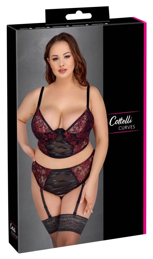 Cottelli Curves komplet koronkowy czarno-czerwony 90C/XL longline z regulacją i wysokim stanem