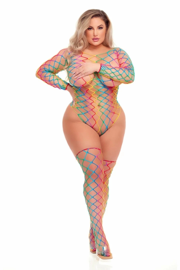 Pink Lipstick Taste The Rainbow Teddy & Thong komplet kolorowy QS – body i stringi, elastyczny