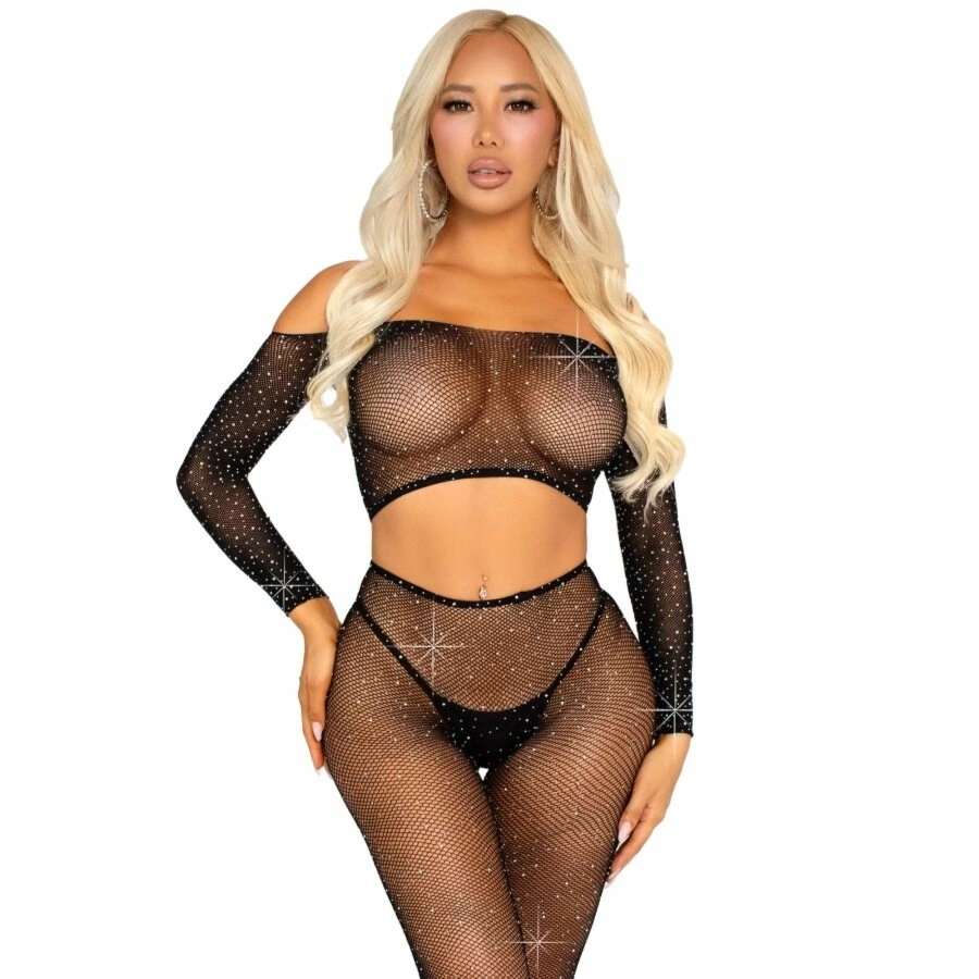 Leg Avenue Zestaw Crop Top z dzianiny i legginsy z siatki z cyrkoniami – czarny, uniwersalny