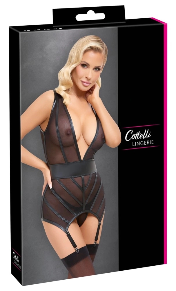 Cottelli LINGERIE Czarna Koszulka z Paskami do Pończoch i Stringami S, powernet