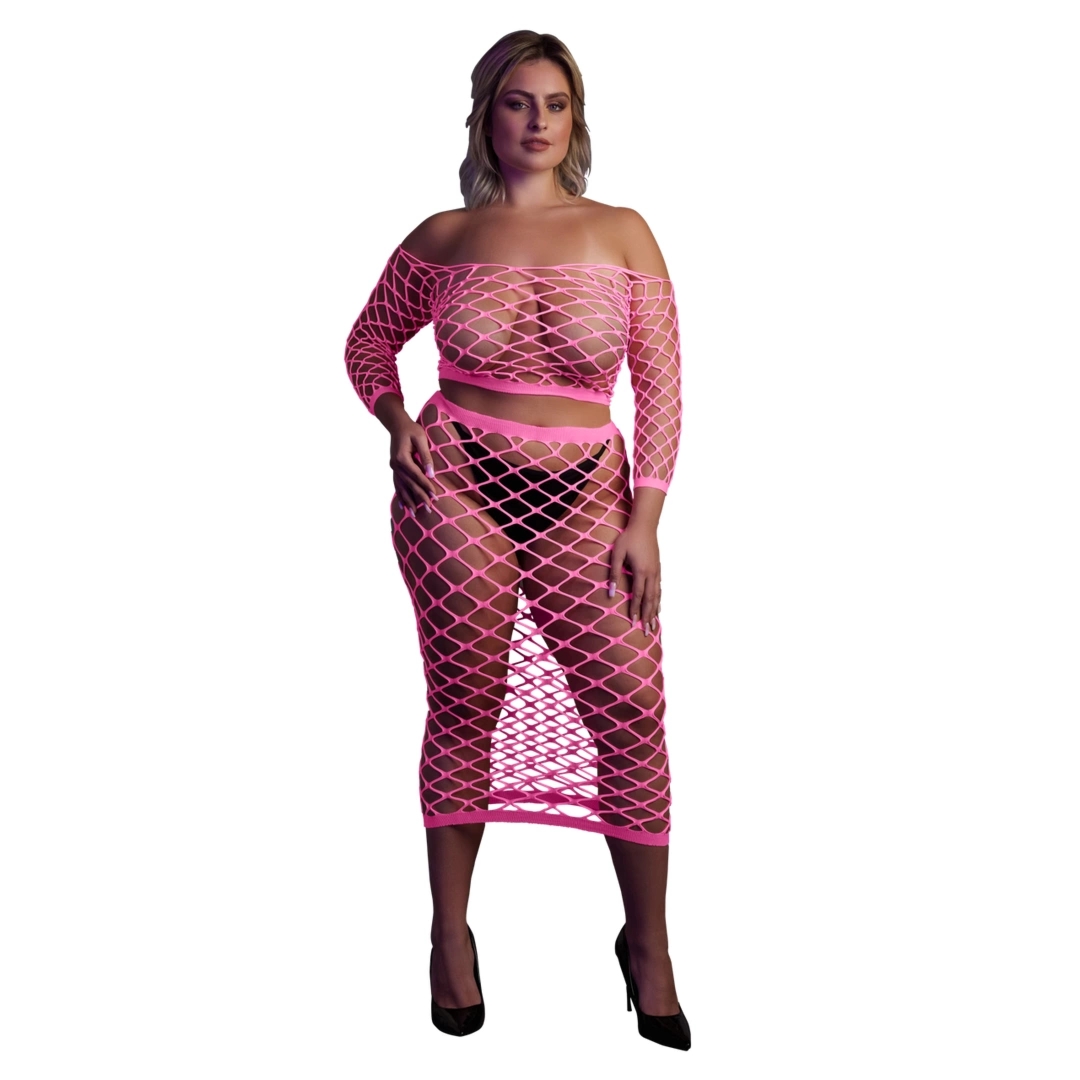 Ouch! Neonowy komplet top i długa spodnica UV XL-XXXXL, rożowo-zielony, elastyczny