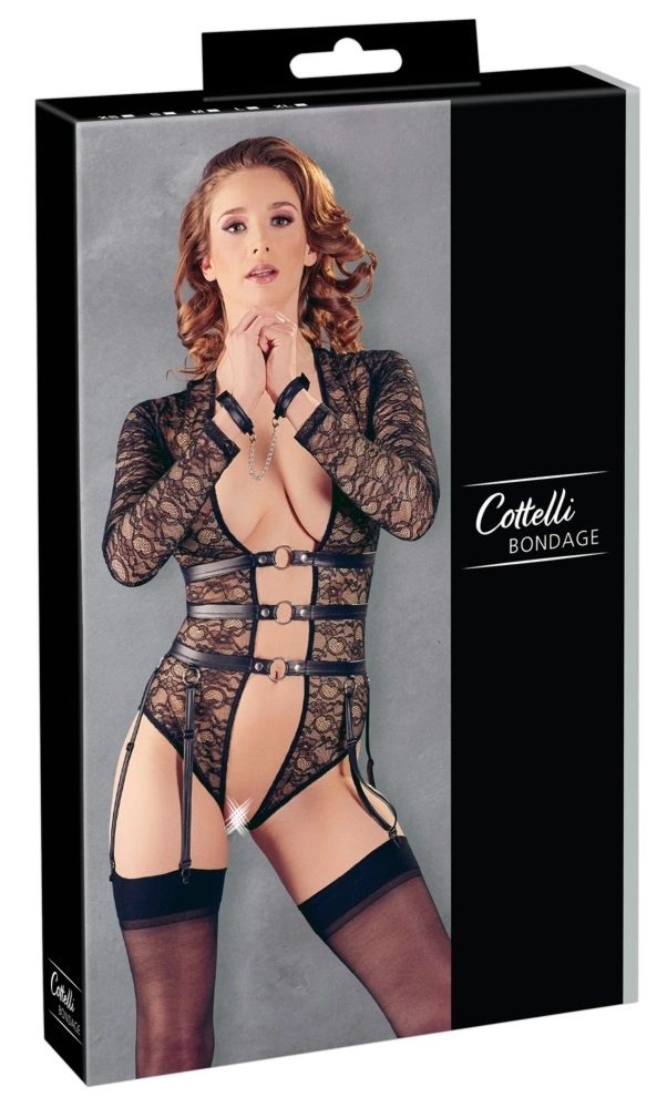Cottelli Collection Body koronkowe S czarne z paskami do pończoch i mankietami