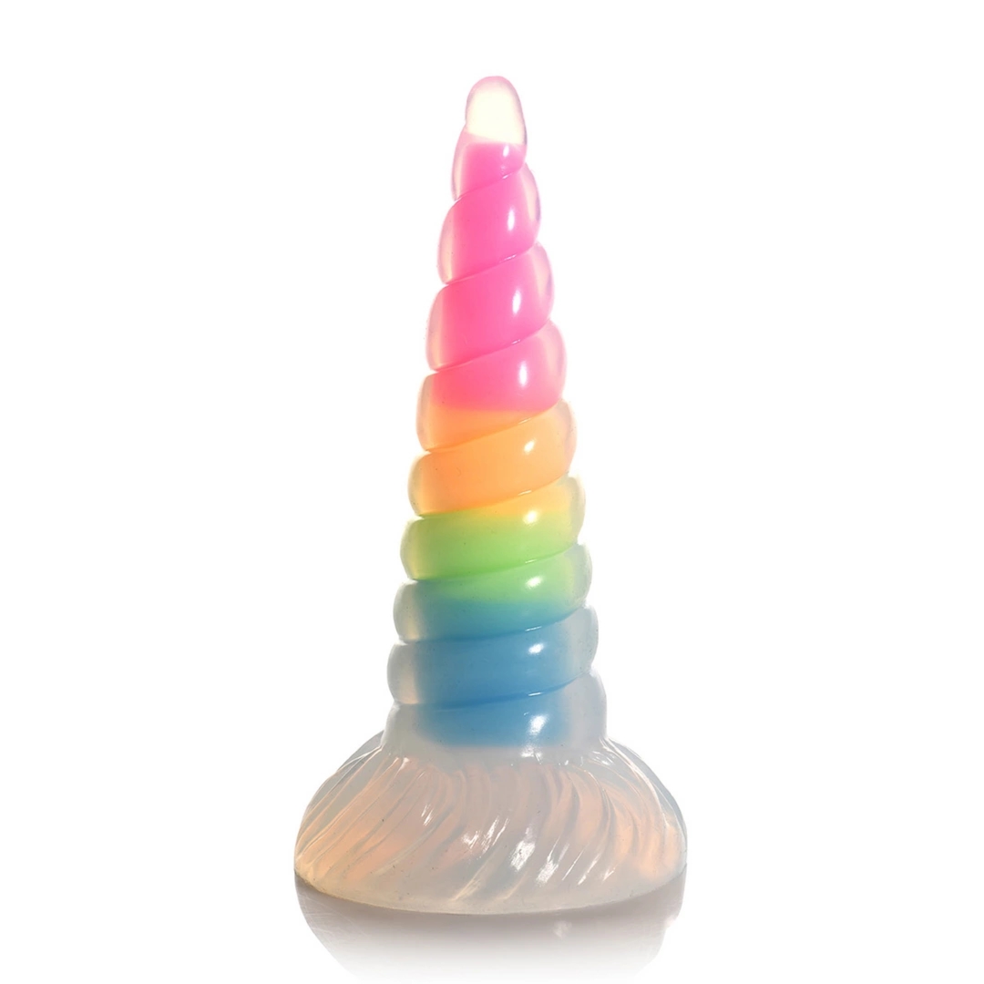 XR Brands Glow Dildo – silikonowy model tęczowy, świecący, spiralny, przyssawka, 19 cm