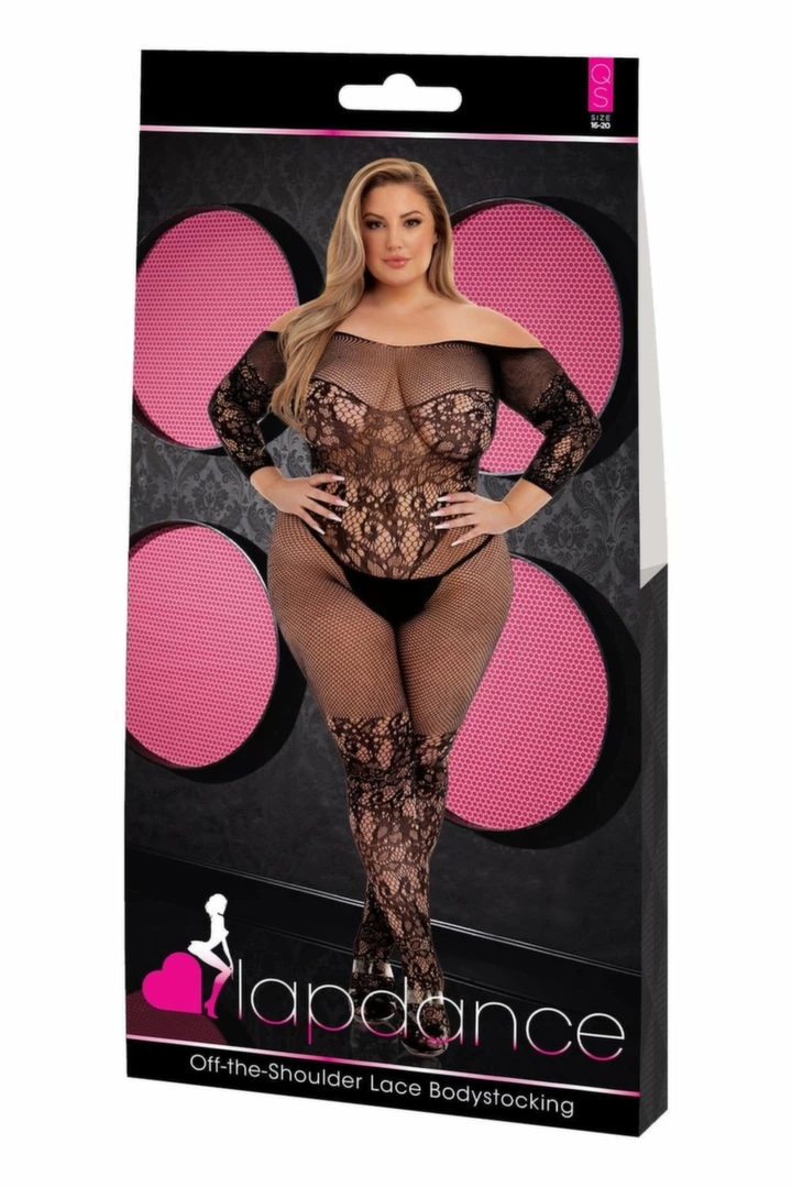 LAPDANCE Off-the-Shoulder Lace Bodystocking Black QS – koronkowy bodystocking z odkrytymi ramionami, czarny