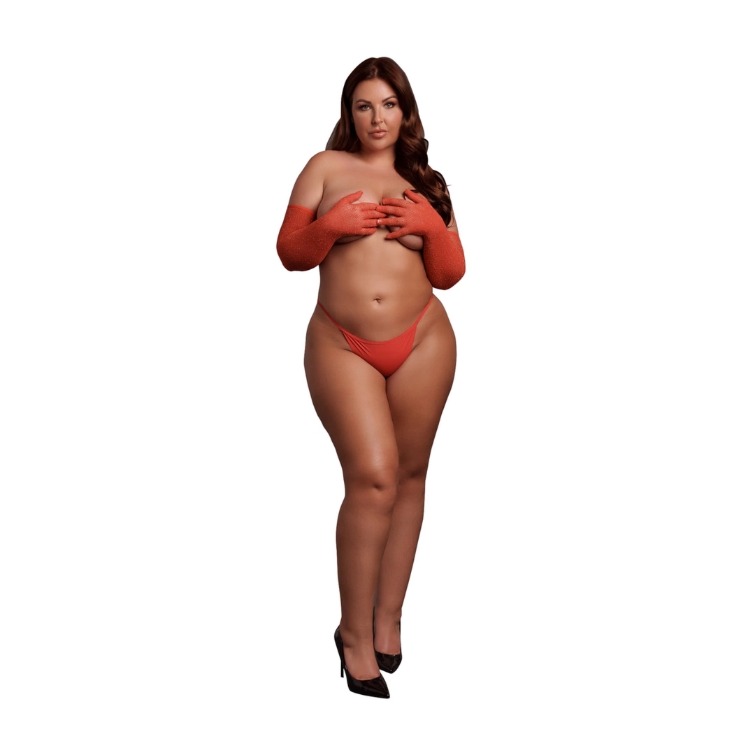Leg Avenue Opera Gloves Plus Size czerwone ze złotym brokatem, długie rękawiczki XL-4XL