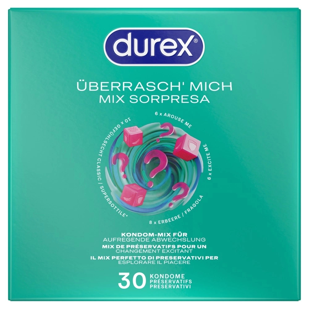 Durex Surprise Me zestaw 30 prezerwatyw, 4 warianty, mix powierzchni i aromatów