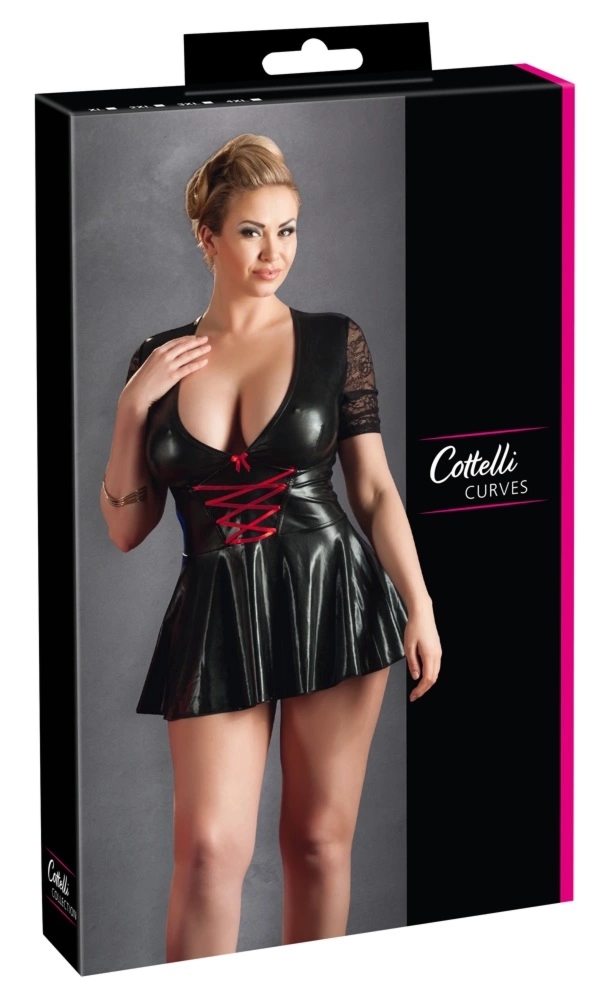Cottelli Collection CURVES Mini Sukienka Czarna XL z Czerwonym Sznurowaniem i Koronką