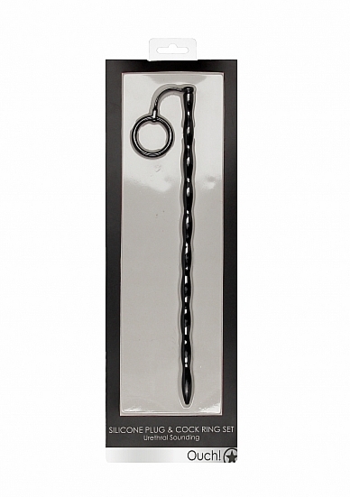 STYMULACJA CEWKI MOCZOWEJ zestaw z pierścieniem - Silicone Plug & Cock Ring Set - Urethral Sounding - Black