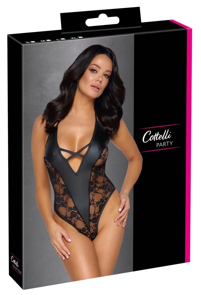 Cottelli LINGERIE Body Party XL czarne matowe z koronkowymi wstawkami i zapięciem w kroku