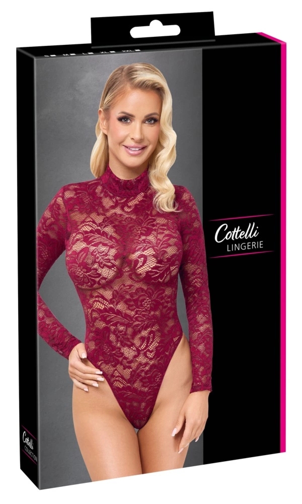 Cottelli Lingerie body koronkowe bordowe L, długi rękaw, stojka, wysokie wycięcia