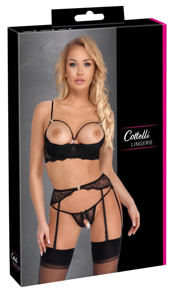 Cottelli Lingerie zestaw koronkowy 3-częściowy czarny 75B/S z brokatem i pasem do pończoch