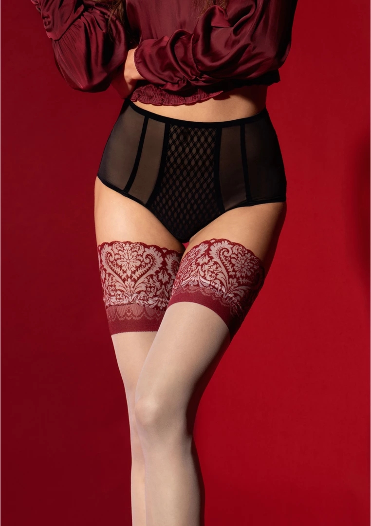 Fiore Hosiery Arabesque 20 den pończochy z czerwonym wzorem 3D, S-XL