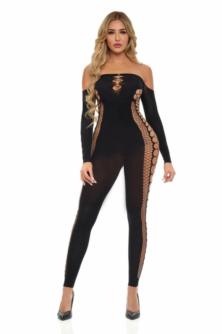 DIAMOND DRIPPIN Bodystocking Black OS – czarny model bez ramiączek, siateczkowe boki, uniwersalny