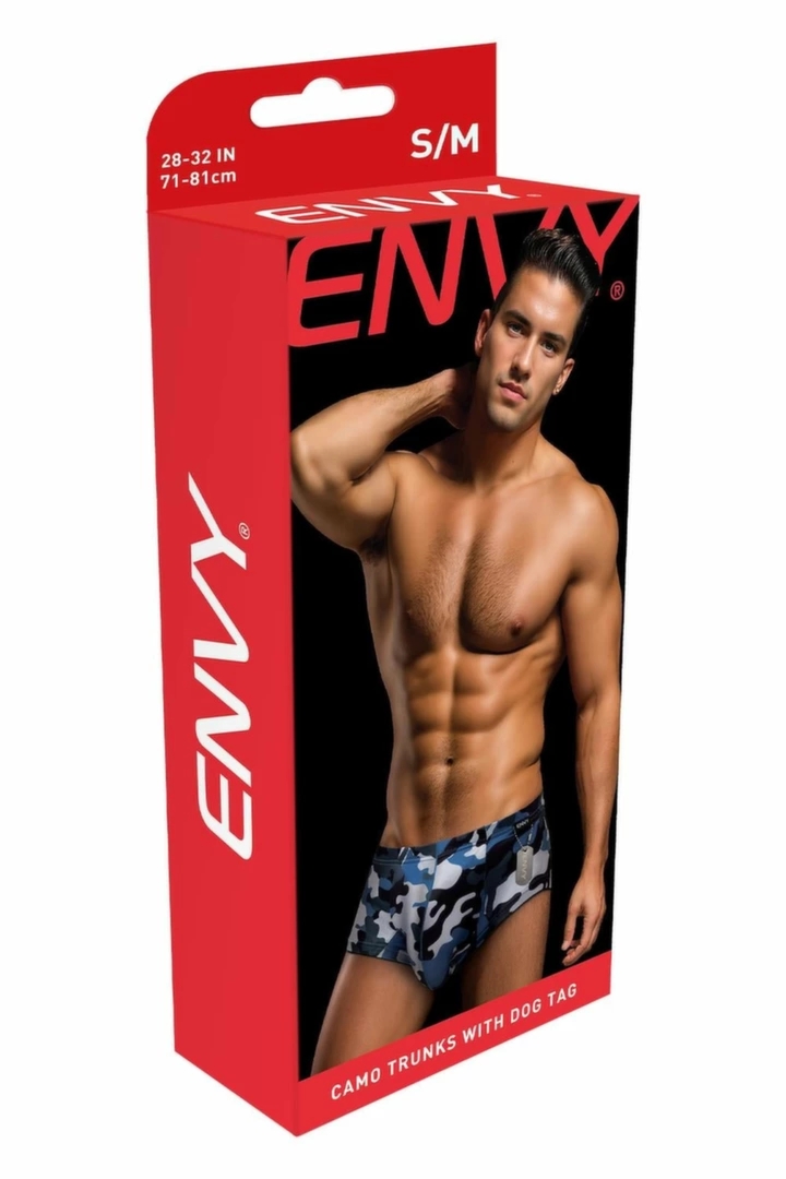 ENVY Camo Trunks Navy S/M – bokserki z dog tagiem, granatowy kamuflaż, S/M