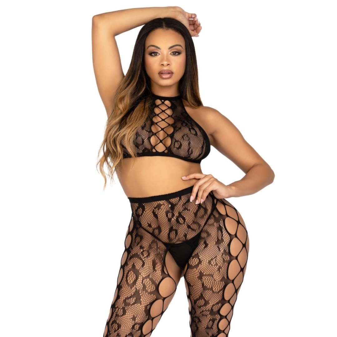Leg Avenue Crop Top & Open Crotch Tights Black – dwuczęściowy zestaw z koronką i siateczką