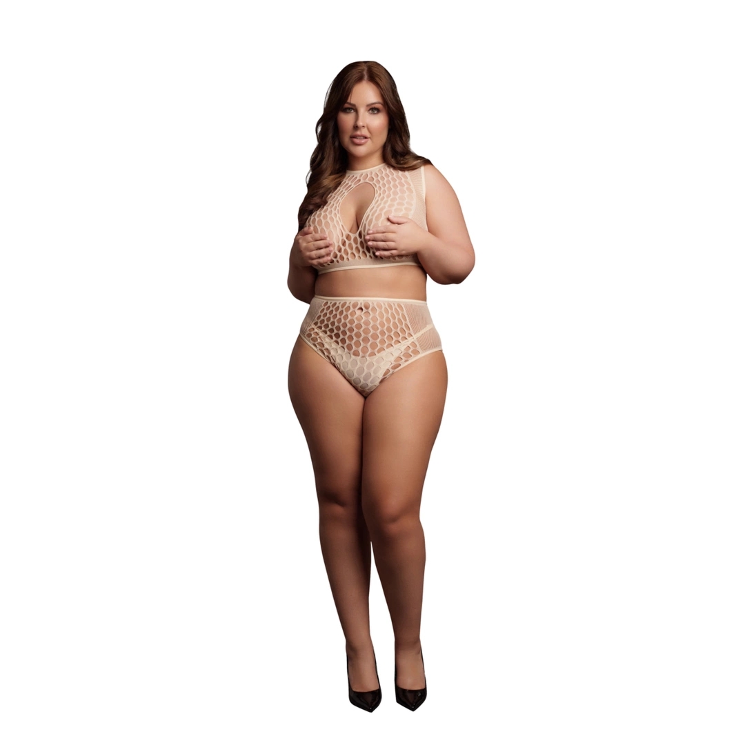 Le Desir Queen Size komplet top i figi siateczkowe, wysoki stan XL-4XL czarny