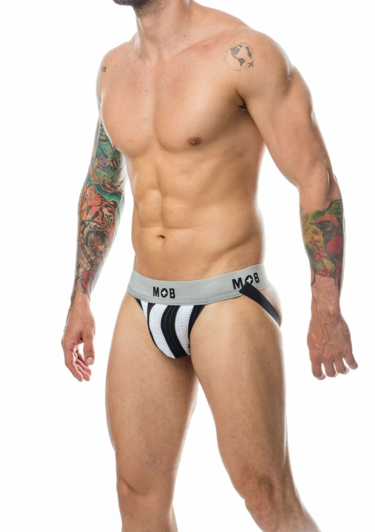 MOB Stripe Classic Jock sportowy pas podtrzymujący czarno-biały, anatomiczna kieszeń