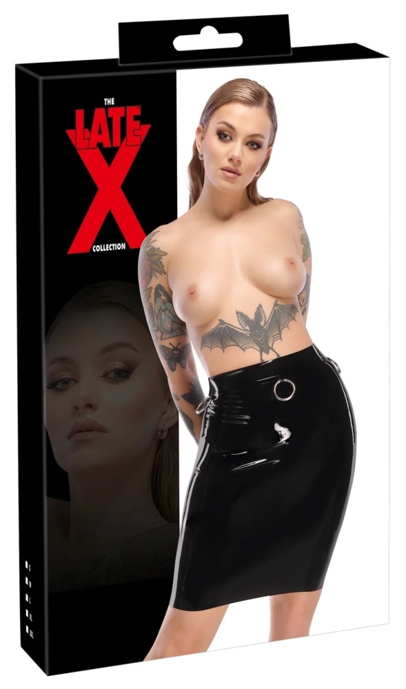 LateX Spódnica Lateksowa Czarna M Do Kolan z 3 Metalowymi Pierścieniami