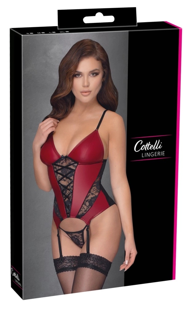 Cottelli Lingerie XL – Matowa koszulka z koronką, paskami i stringami, czarna