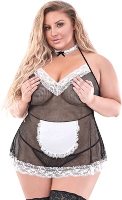 Magic Silk Chamber Dress Plus Size komplet z koronką, fartuch, satynowa wstążka i stringi