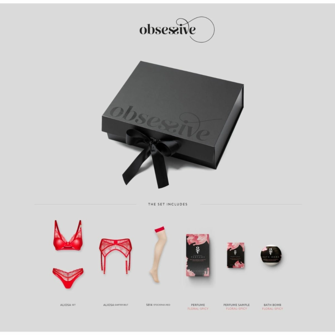Obsessive Aliosa Gift Box Czerwony – luksusowy zestaw bielizny z perfumami i akcesoriami L/XL