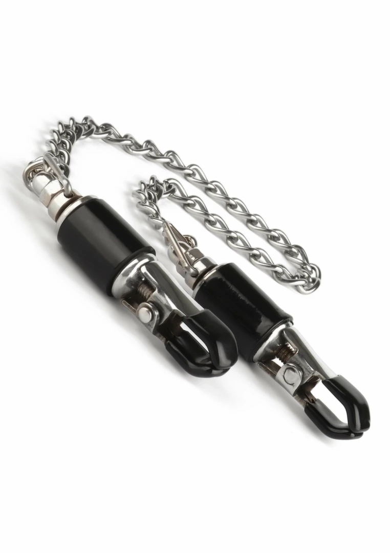 Mr. Steel Barrel Tit Clamps z łańcuszkiem, stalowe zaciski regulowane z gumowymi końcówkami