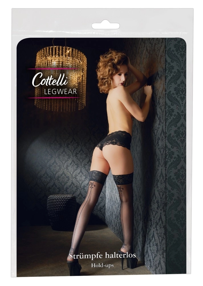 Cottelli Legwear Pończochy czarne z koronką i szwem tył, silikon 8 cm