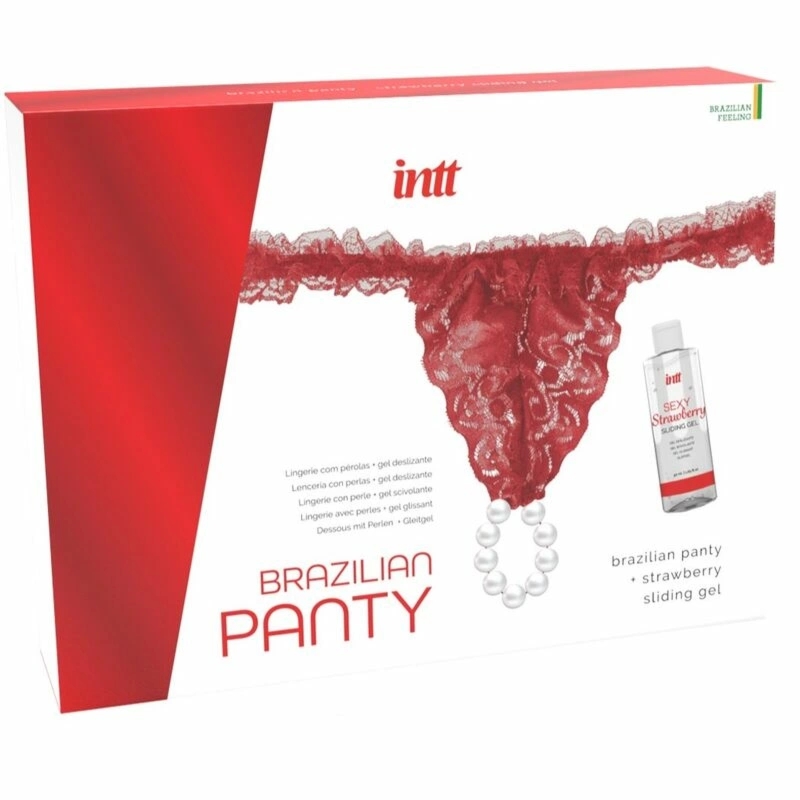 INTT Panty Red czerwone majtki koronkowe z perłami, żel truskawkowy 50 ml, uniwersalny rozmiar
