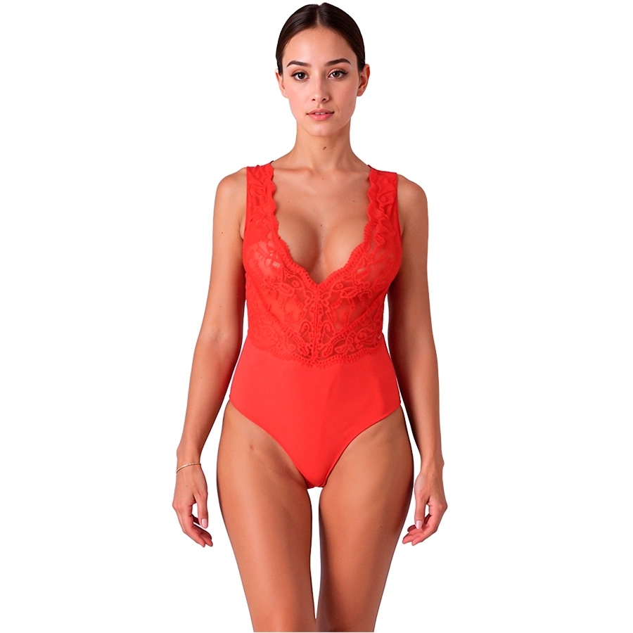 PASSION EVALIE Body koronkowe czerwone S/M – Głęboki dekolt, transparentne wstawki, komfort