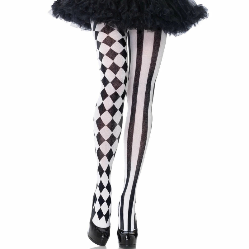 Leg Avenue rajstopy Harlequin czarno-białe, wzór romby, uniwersalny rozmiar
