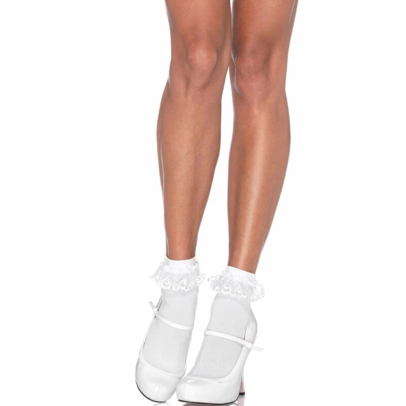 Leg Avenue białe skarpetki koronkowe z falbanką, nylon, uniwersalne do kostki