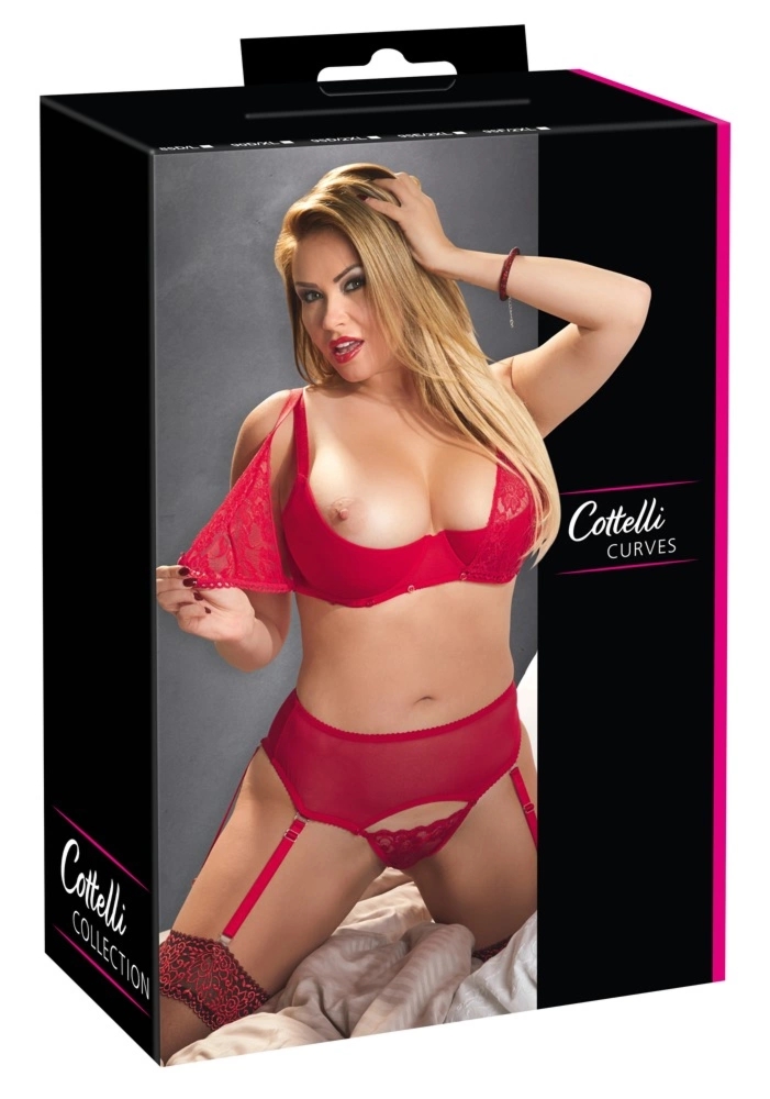 Cottelli Curves komplet koronkowy czerwony 85D/L, odpinane ramiączka i szelki