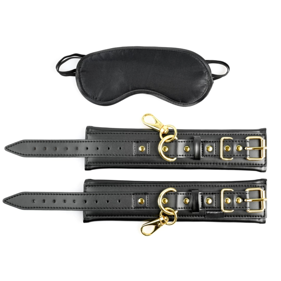 Sportsheets Cuffs & Blindfold Set Special Edition – mankiety i opaska, złote detale, skóra
