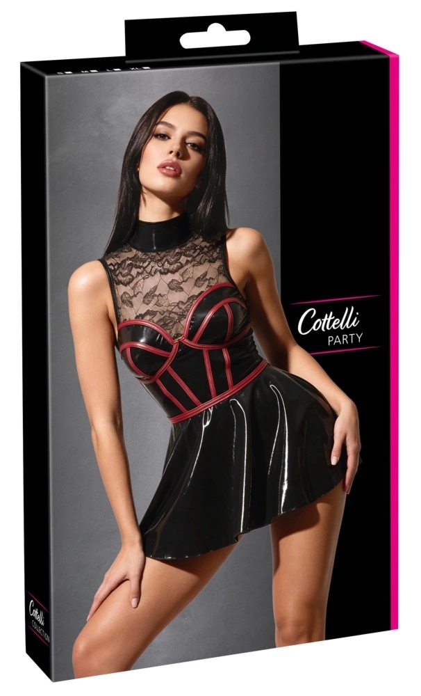 Cottelli PARTY Dress Black/Red S mini sukienka wetlook z koronką i czerwonymi akcentami