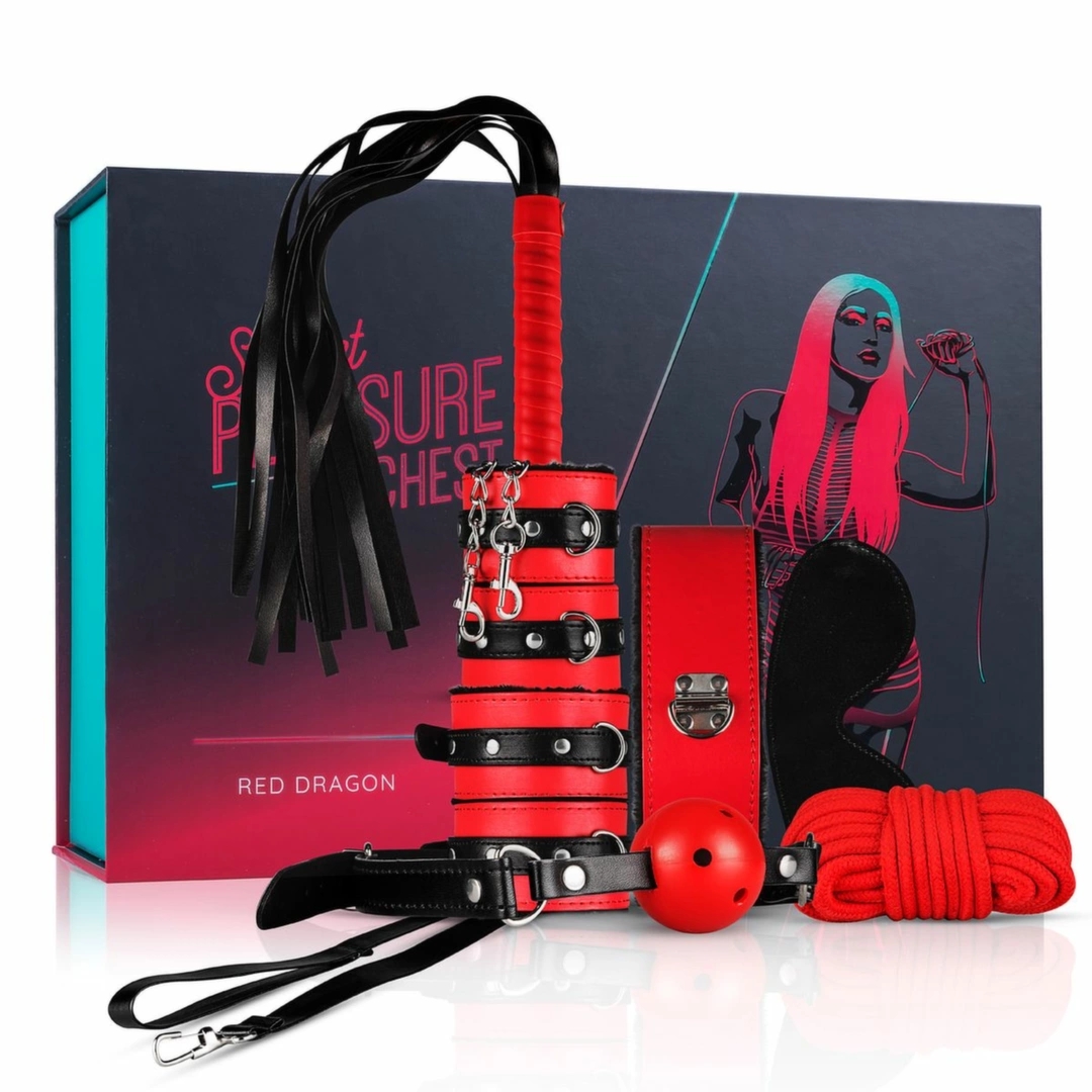 Secret Pleasure Chest Red Dragon zestaw akcesoriów BDSM 8 elementów, lina 5 m, czerwony