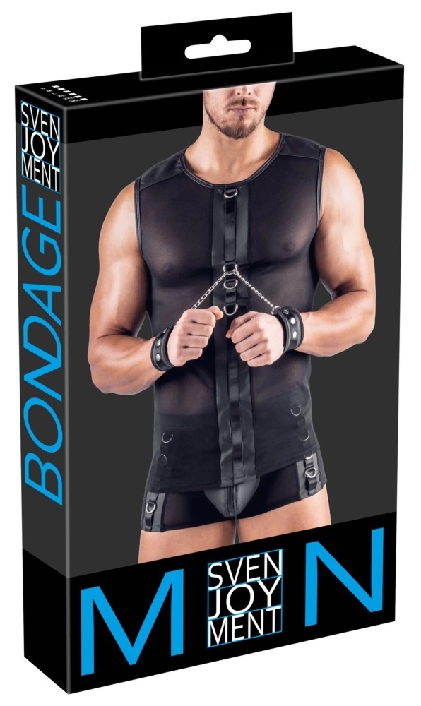 Svenjoyment Bondage koszulka siatkowa XL czarna z matowymi wstawkami i kajdankami