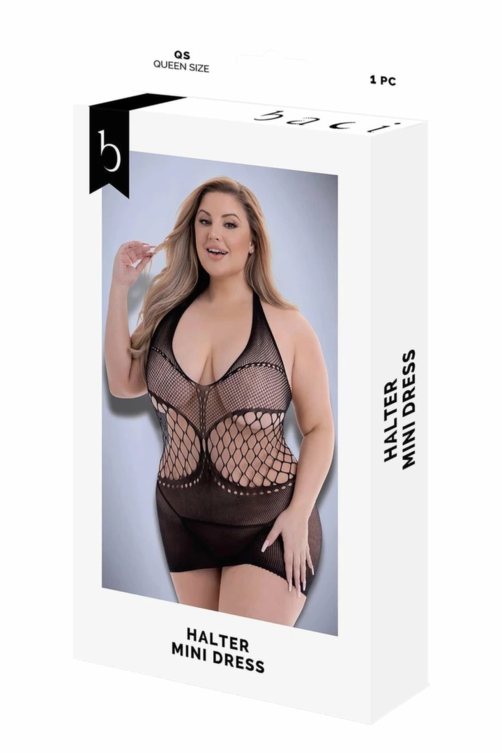 BACI Halter Mini Dress Black QS – mini sukienka z siateczki, dekolt halter, Queen Size