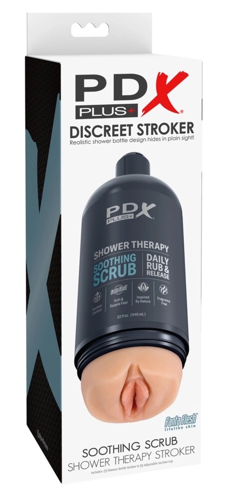 PDX Plus Shower Soothing Scrub – Dyskretna maszyna intymna, butelka szamponu, 20,7 cm