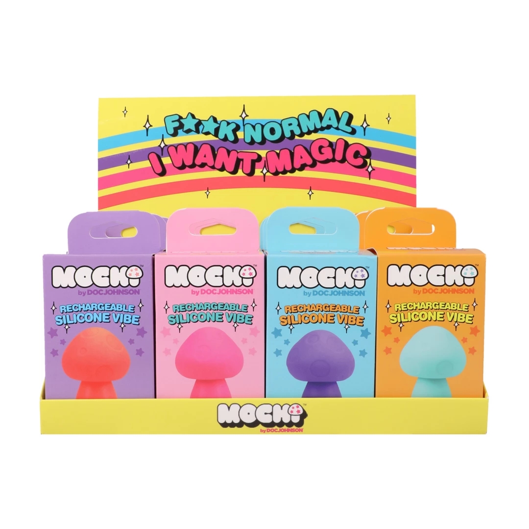 Doc Johnson Mushroom Vibe zestaw 12 kompaktowych masażerów silikonowych na stojaku ekspozycyjnym