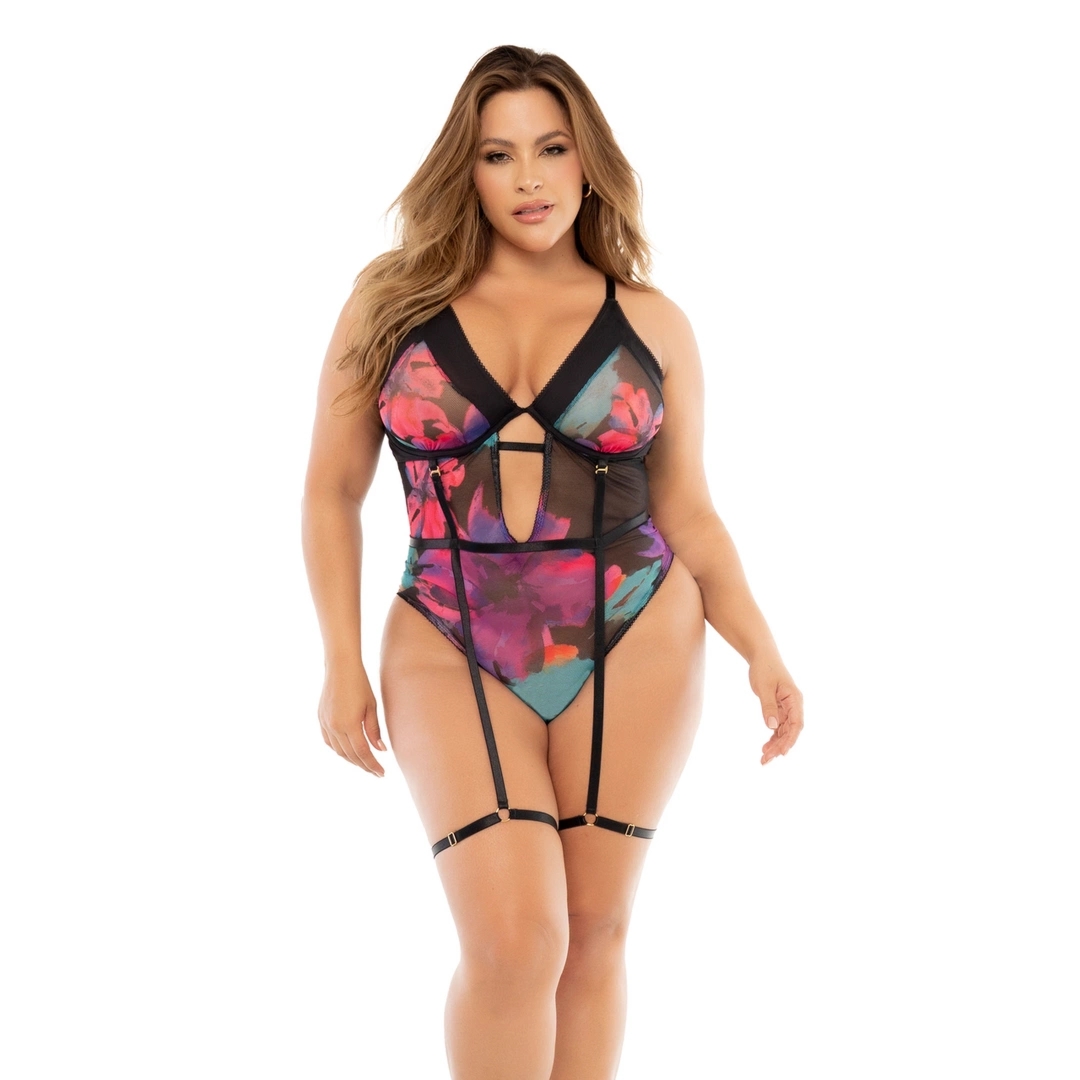 Dreamgirl Teddy 1/2X Black Bodysuit z kwiatowym motywem i paskami do pończoch